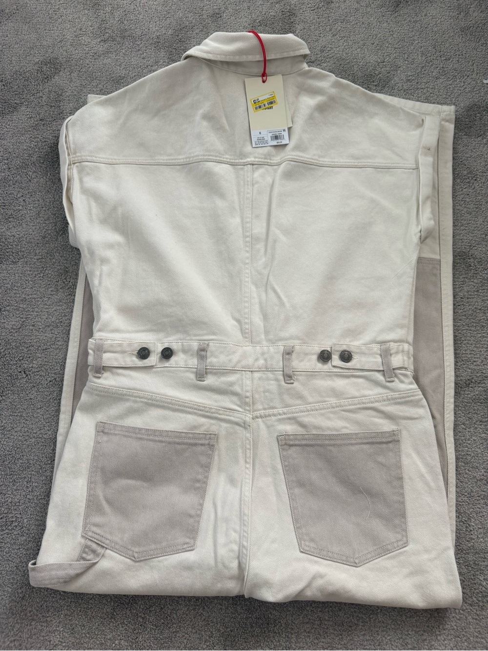 Woolrich women’s Cream and Light Taupe Two-Tone Button Down Denim Jumpsuit - Picture 6 of 13
